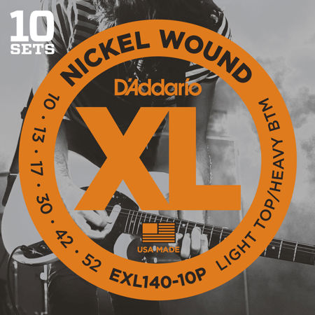 D'Addario EXL140 XL Nickel Wound Electric Guitar Strings Set, Light Top/Heavy Bottom, 10-52 Gauge, 10-Pack
