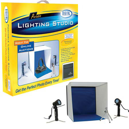 Digital Concepts Portable Lighting Studio, with Soft Light Box, Mini Tripod, Two High-Output Lights &amp; Custom Carry Bag - 16x16x16"