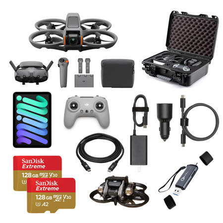 DJI Avata 2 Fly More Combo with 3x Batteries, Bundle with Remote Controller 3, Tactical 4-Light Kit, 925 Black Case, 2x 128GB Memory Card, USB-C Cable, 8.3" 128GB iPad Mini, Car Charger, Portable Charger