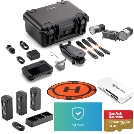 DJI Mavic 3 Enterprise Drone with Care Basic, Bundle with Battery Kit with Charging Hub, 128GB Memory Card, Matrix Lamp Spotlight and Launch Pad