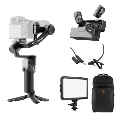DJI RS 3 Mini 3-Axis Handheld Gimbal Stabilizer, Bundle with DJI Mic, Lavalier Microphone, LED Light, Backpack