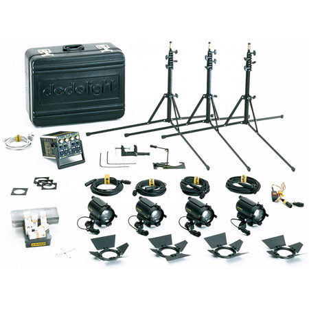 Dedolight Basic Tungsten Lighting Kit with Four 100 watt DLH4P Heads, One DT12-4 Power Supply & Accessories.
