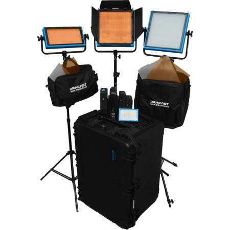 Dracast ENG Pro Series Tungsten 4-Light Kit with V-Mount Battery Plate, Includes 1x LED160A Pro Series On-Camera LED Light, 1x LED500 Pro Series LED Light, 2x LED1000 Pro Series LED Light, 3x 90Wh Li-Ion Battery, 3x Light Stand, 3x Barndoor