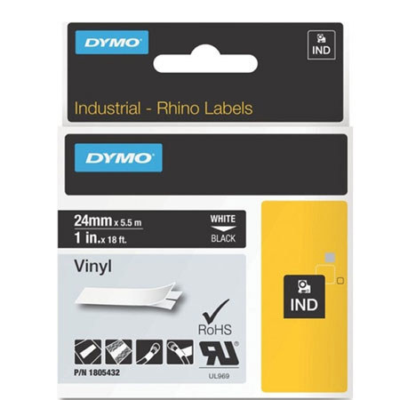 Dymo 1805432 Rhino 1" Black Vinyl Tape, White Print