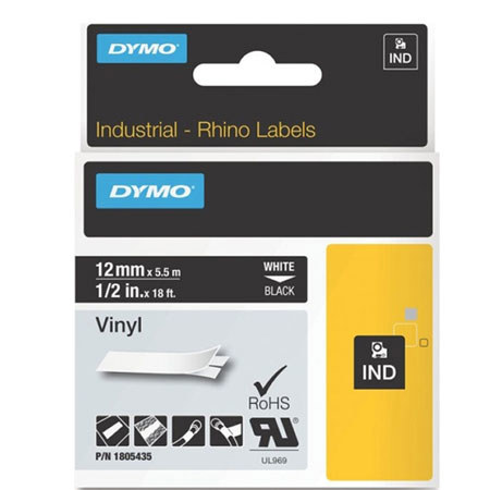 Dymo 1805435 Rhino 1/2" Black Vinyl Tape, White Print