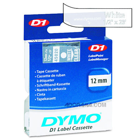 Dymo 45020 1/2in 23 Ft Wht on Clr Tape for LabelMANAGER