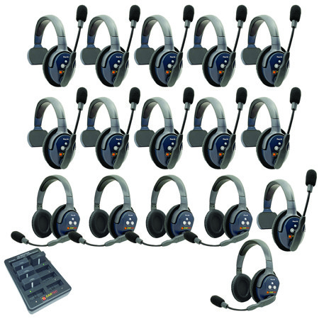 Eartec UltraLITE Pro16 ETP115 2.4GHz Dual Channel Long Range Full Duplex Wireless Intercom System with 11x Single-Ear & 5x Dual-Ear Headsets