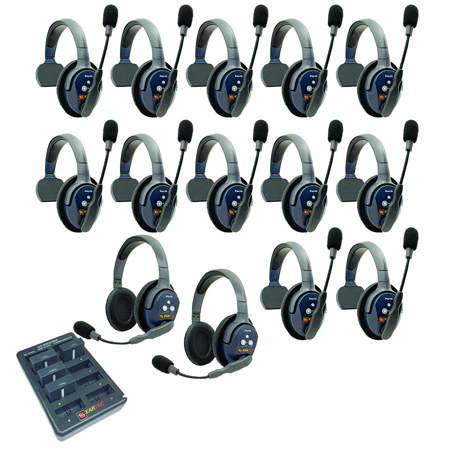Eartec UltraLITE Pro16 ETP122 2.4GHz Dual Channel Long Range Full Duplex Wireless Intercom System with 12x Single-Ear & 2x Dual-Ear Headsets