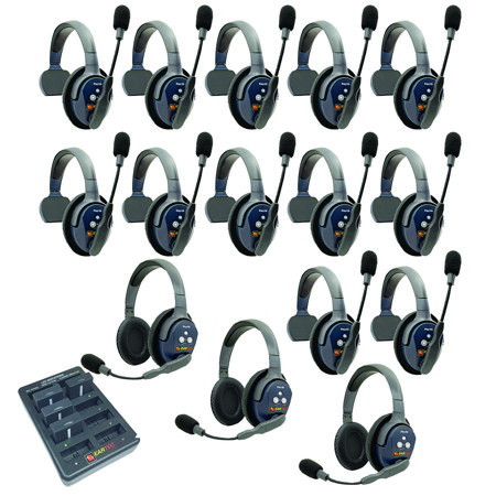 Eartec UltraLITE Pro16 ETP123 2.4GHz Dual Channel Long Range Full Duplex Wireless Intercom System with 12x Single-Ear & 3x Dual-Ear Headsets
