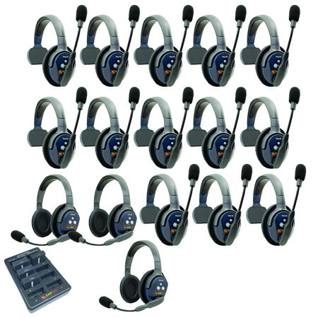 Eartec UltraLITE Pro16 ETP133 2.4GHz Dual Channel Long Range Full Duplex Wireless Intercom System with 13x Single-Ear & 3x Dual-Ear Headsets