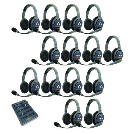 Eartec UltraLITE Pro16 ETP14D 2.4GHz Dual Channel Long Range Full Duplex Wireless Intercom System with 14x Dual-Ear Headsets
