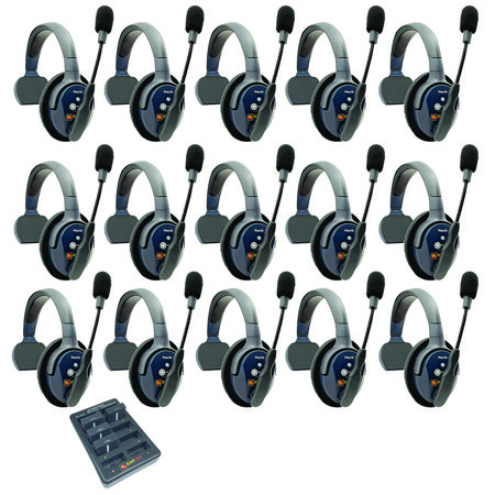 Eartec UltraLITE Pro16 ETP15S 2.4GHz Dual Channel Long Range Full Duplex Wireless Intercom System with 15x Single-Ear Headsets