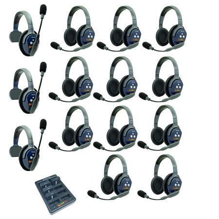 Eartec UltraLITE Pro16 ETP311 2.4GHz Dual Channel Long Range Full Duplex Wireless Intercom System with 3x Single-Ear & 11x Dual-Ear Headsets