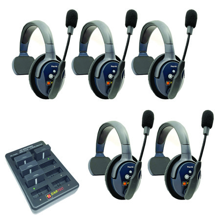 Eartec UltraLITE Pro16 ETP5S 2.4GHz Dual Channel Long Range Full Duplex Wireless Intercom System with 5x Single-Ear Headsets
