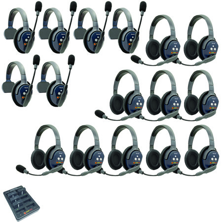 Eartec UltraLITE Pro16 ETP610 2.4GHz Dual Channel Long Range Full Duplex Wireless Intercom System with 6x Single-Ear & 10x Dual-Ear Headsets
