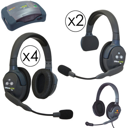 Eartec HUB724MXD Hub Mini Duplex Base 7-Person System, Includes 2x UltraLITE Single Headset, 4x UltraLITE Double Headset, Max4G Double Headset