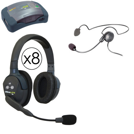 Eartec HUB9DCYB HUB 9 Person Full Duplex Wireless Intercom with 8x UltraLITE Double-Ear Remote Headset, 1x Plug-In Cyber Headset, 9x Batteries, 8-Bay Charger and Softside Case