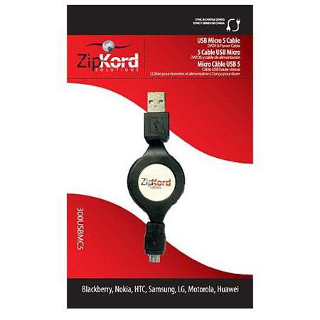 ZipKord USB To Micro 5 Pin Sync/Charge Cable, Black