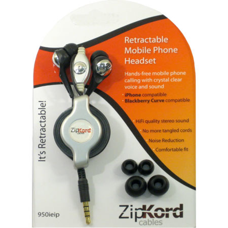 ZipKord Solutions Zipkord 32in Retractable In-Ear Stereo Headset, Silver