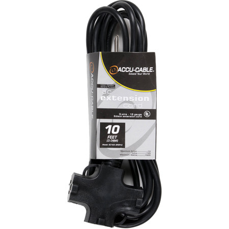 Elation Accu-Cable EC-163-3FER 10' 16/3 AWG Edison Cord, 3-Outlet Cube Tap,Black