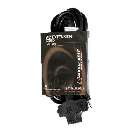 Elation Accu-Cable EC123-3FER 10' 12/3 AWG Edison Cord w/3-Outlet Cube Tap,Black