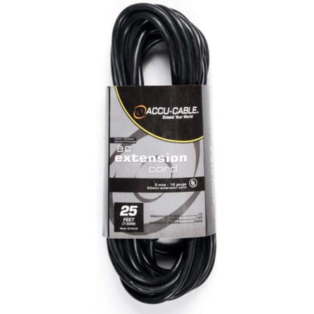 Elation Accu-Cable EC-163 25' 16/3 AWG Edison AC Extension Cord, Black