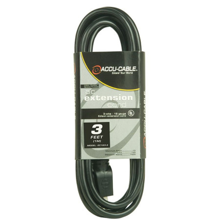 Elation Accu-Cable EC-163 3' 16/3 AWG Edison AC Extension Cord, Black