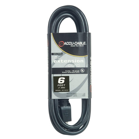 Elation Accu-Cable EC-163 6' 16/3 AWG Edison AC Extension Cord, Black
