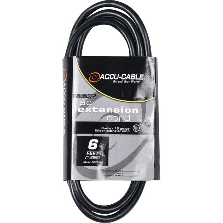 Elation Accu-Cable ECCOM 6' 16/3 AWG IEC M to F AC Extension Cord, Black