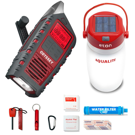 Eton Odyssey Multi-Powered All-Band Bluetooth Emergency Radio with RDS, Red, Bundle with 72-Hour Emergency Kit