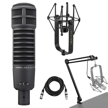 Electro-Voice RE20 Variable-D Dynamic Cardioid Microphone, BlackWith Shock Mount, Broadcast Arm & XLR Cable