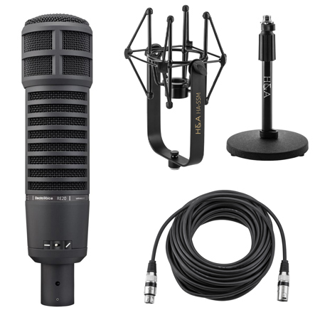 Electro-Voice RE20 Variable-D Dynamic Cardioid Microphone, Black With Shock Mount, Stand & XLR Cable