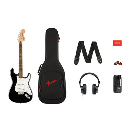 Fender Squier Affinity Series Stratocaster Electric Guitar Pack with Mustang Micro Amplifier and HD9 Headphones, Black