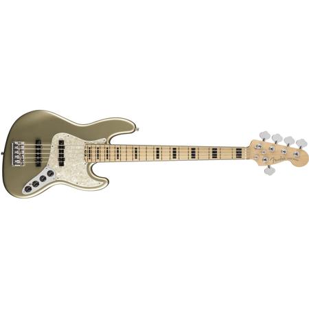 Fender American Elite Jazz Bass V 5-String Electric Guitar, 21 Frets, Modern "C" to "D" Shape Neck, Maple Fingerboard, Gloss Polyurethane, Champagne (Open Box, Never Used)