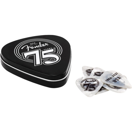 Fender 351 Shape Celluloid 75th Anniversary Pick Tin, Medium,18-Pack,White Pearl