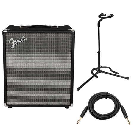 Fender Rumble 100 V3 Bass Amplifier with 12" Speaker, Black/Silver, Bundle with Tubular Guitar Stand and Platinum Pro TRS 1/4" Male Cable