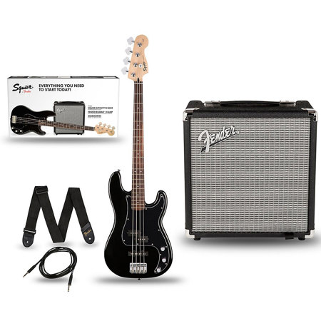 Fender Squier PJ Bass Electric Guitar Pack with Rumble 15 120V Amplifier, Black