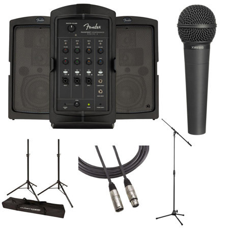 Fender Passport Conference Series 2 175W 5-Channel Portable PA System with Bluetooth Bundle with 2x JS-TS50 Tripod-Style Speaker Stand, Microphone, Mic Boom Stand, 25-Foot XLR Cable F-M