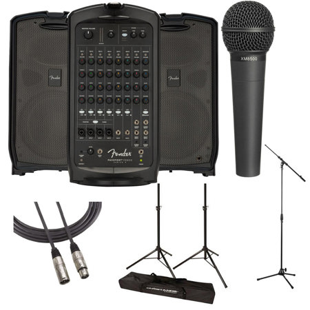Fender Passport Venue Series 2 600W 10-Channel Portable PA System with Bluetooth Bundle with 2x JamStands JS-TS50 Tripod-Style Speaker Stand, Microphone, Mic Boom Stand, 25-Foot XLR Cable F-M