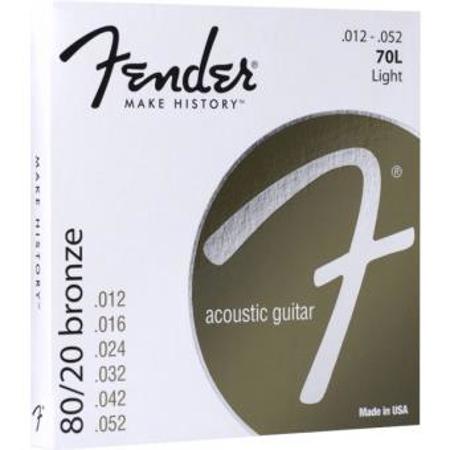 Fender 70L Light 80/20 Bronze Acoustic Guitar Strings, Ball End, .012 - .052 Gauges, Set of 6 Strings