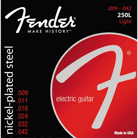 Fender Super 250L Light Nickel-Plated Steel Electric Guitar Strings, Ball End, .009 - .042 Gauges, Set of 6 Strings