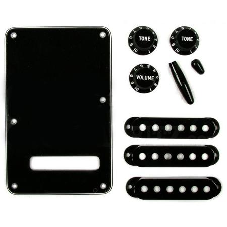 Fender Stratocaster Accessory Kit, Includes 3x Control Knob, Switch and Trem Arm Tips, Back Plate, 3x Pickup Cover, Black