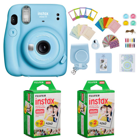 Fujifilm Instax Mini 11 Instant Camera (Sky Blue) Bundle with Case, 2X Fuji Instax Mini Instant Film Twin Pack - 40 Sheets (White), Color Filters, Stickers, Frames, Photo Album and Accessory Kit