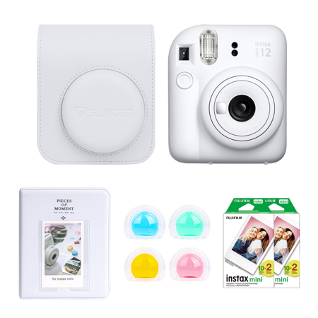 Fujifilm Instax Mini 12 Instant Film Camera, Clay White, Bundle with Accessory Kit and 2x Twin Pack Daylight Film