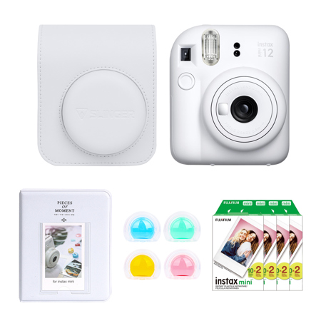 Fujifilm Instax Mini 12 Instant Film Camera, Clay White, Bundle with Accessory Kit and 4x Twin Pack Daylight Film