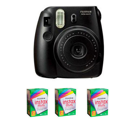FujiFilm Instax Mini 8 Camera, Black - Bundle w/3 TwinPacks of Film