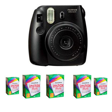 FujiFilm Instax Mini 8 Camera, Black - Bundle w/5 Twin Packs of Film