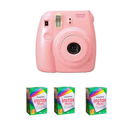 FujiFilm Instax Mini 8 Camera, Pink - Bundle w/3 Twin Packs of Film