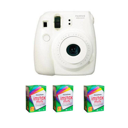 FujiFilm Instax Mini 8 Camera, White - Bundle w/3 TwinPacks of Film