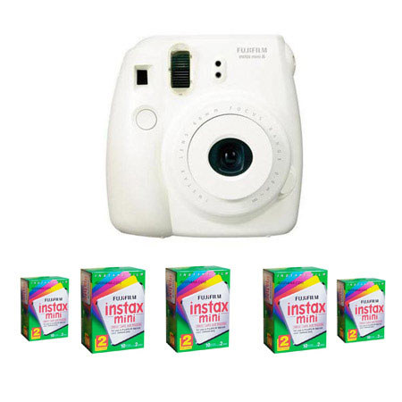 FujiFilm Instax Mini 8 Camera, White - Bundle w/5 Twin Packs of Film
